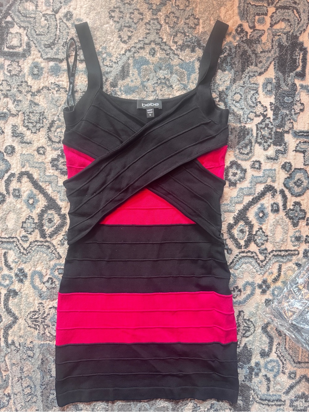 bebe Black and Hot Pink Bandage Mini Dress 90’s